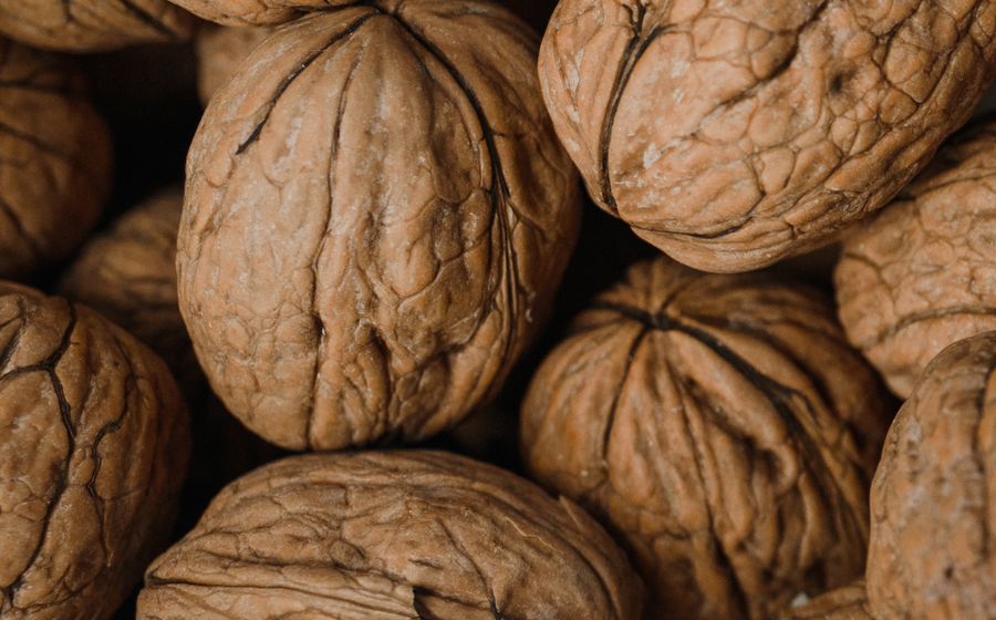 Gros plan sur des noix entières et ouvertes posées les unes contre les autres, avec leur coquille claire et leurs cerneaux dorés, typiques de la récolte d'automne dans les vergers français